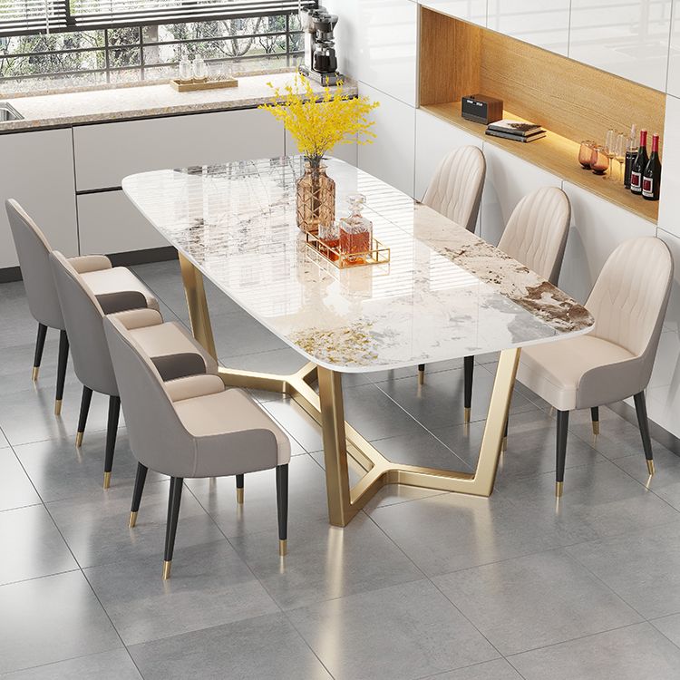Luxury Sintered Stone Dining Table Rectangle Table with Gold Trestle Base