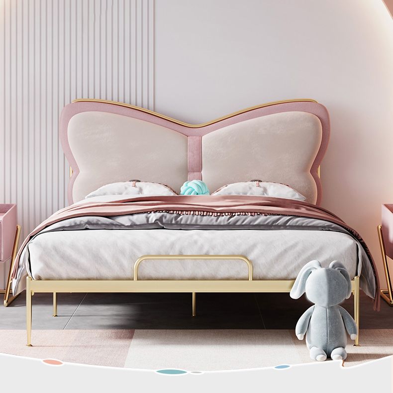 Low Profile Standard Bed Gold Metal Bed Frame with Upholstered Headboard