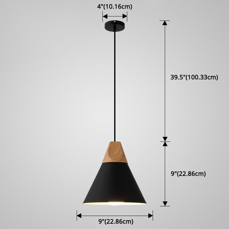 Metal Tapered Hanging Light Nordic Style 1 Light  Restaurant Ceiling Pendant Lamp  with Wooden Top