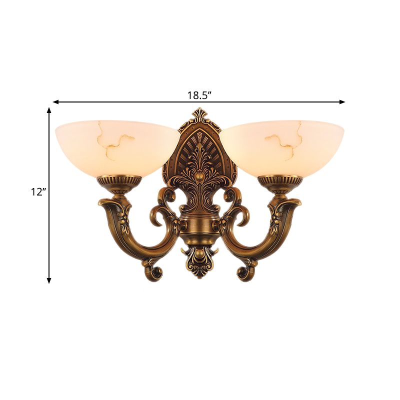 2 Heads Bowl Wall Mount Lighting Rustic Brass Finish Texture Glass Wall Lamp with Swirled Arm
