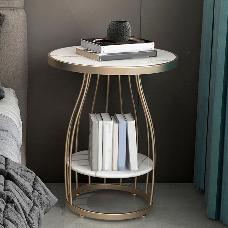 Modern Round Stone Side Table 24.8" H Frame Side Table with Shelf