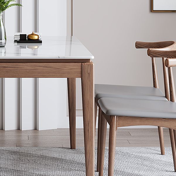 Rectangle Mid-Century Modern Dining Table White Sintered Stone Table with 4 Ash Solid Wood Legs