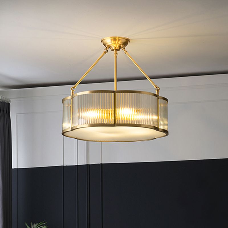Gold Floral Hanging Lamp Traditional Clear Ribbed Glass Living Room Chandelier Light