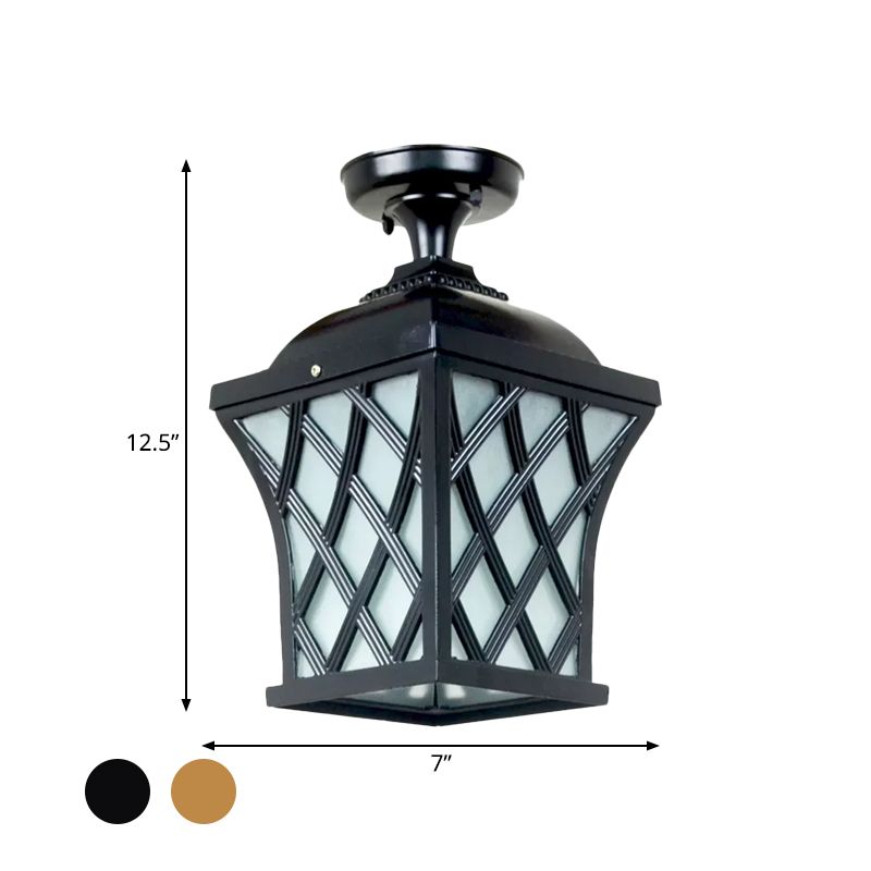 Lanterne en verre opale semi-encastrée Country 1 lumière pour balcon proche du plafond en noir/bronze avec cadre en X en métal