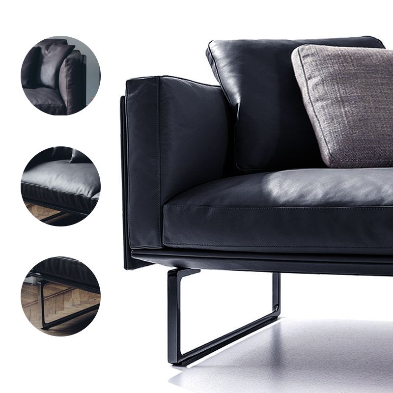 Wooden Genuine Leather Cushions Sofa 31.5"H Contemporary Industrial Square Arm Sofa,Black