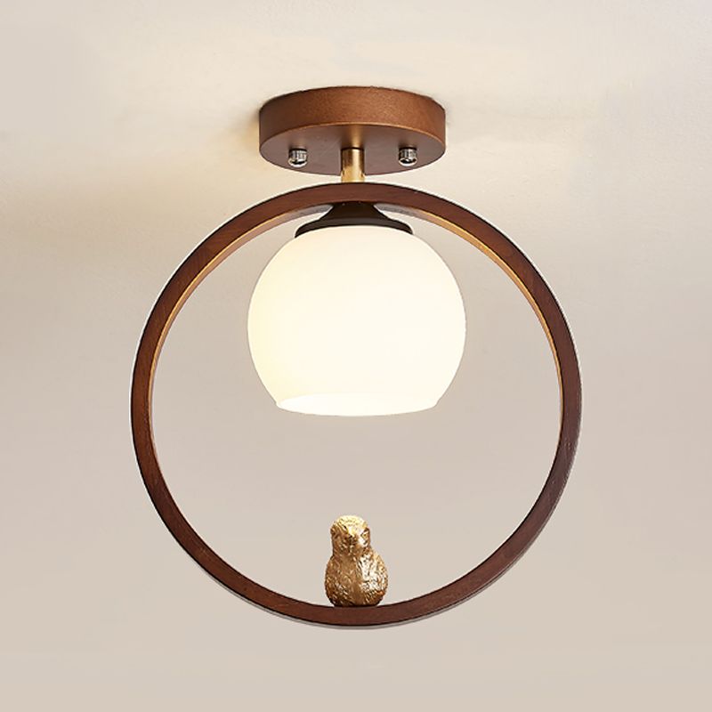Round Shape Ceiling Lamp Modern Wood 1 Light Flush Mount with Glass Lampshade for Aisle