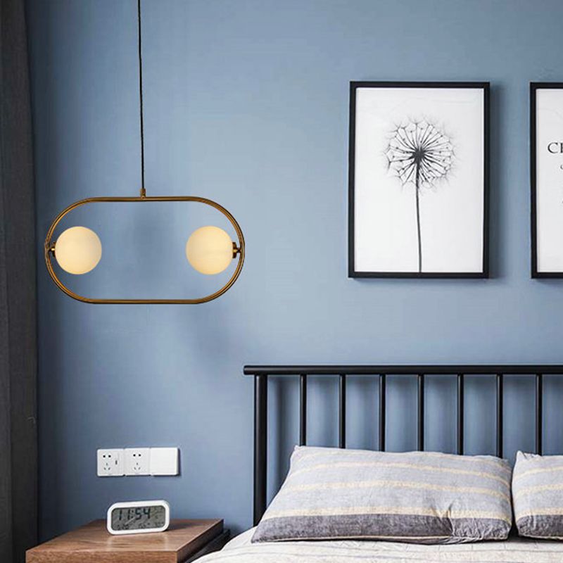 Modern Globe Hanging Chandelier Frosted Glass 2 Bulbs Bedroom LED Ceiling Pendant Light in Gold