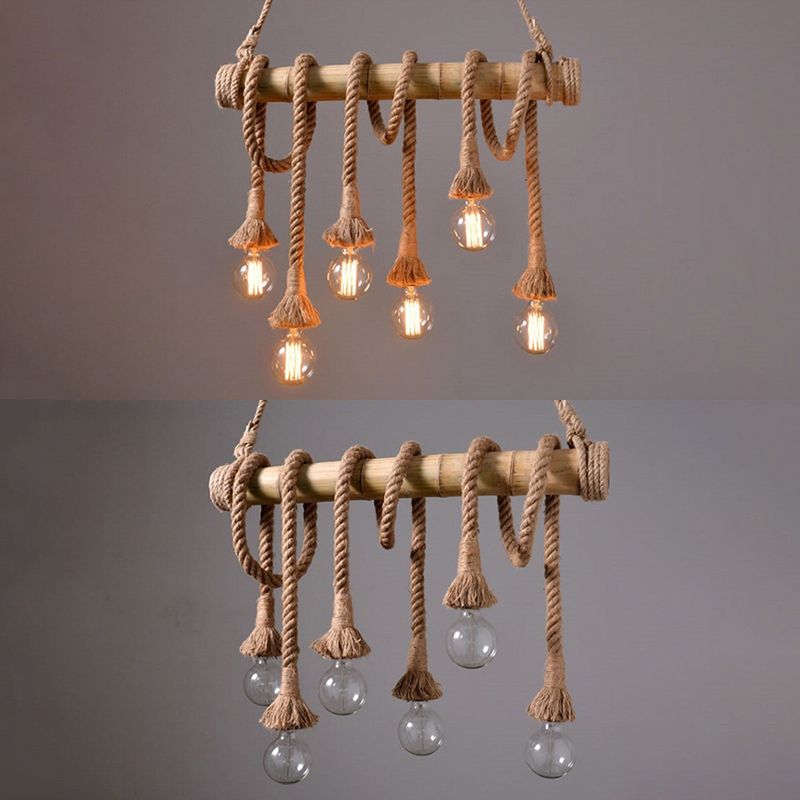 Vintage Hemp Rope Chandelier Industrial Retro Linear Exposed Bulb Bamboo Pendant for Restaurant