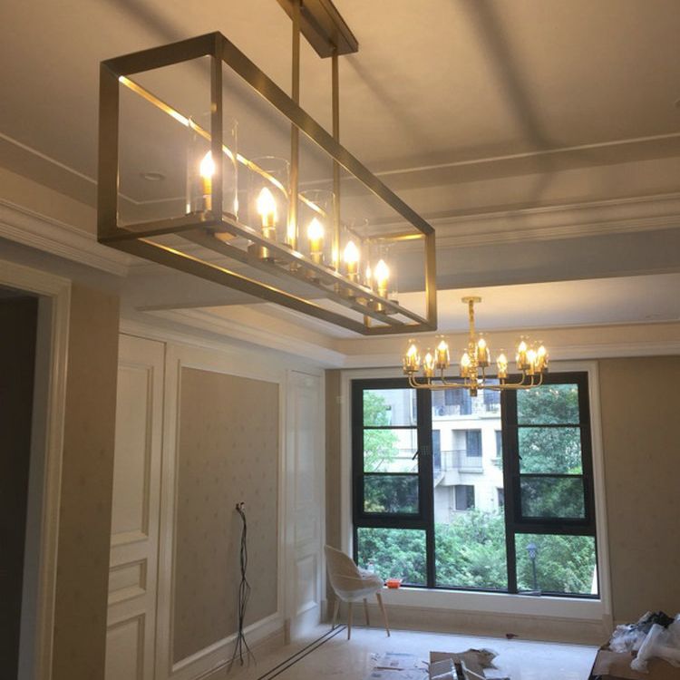 5 Lights Candlestick Shape Island Light with Clear Glass Shade Rectangular Wrought Iron Cage Industrial Style Hanging Pendant