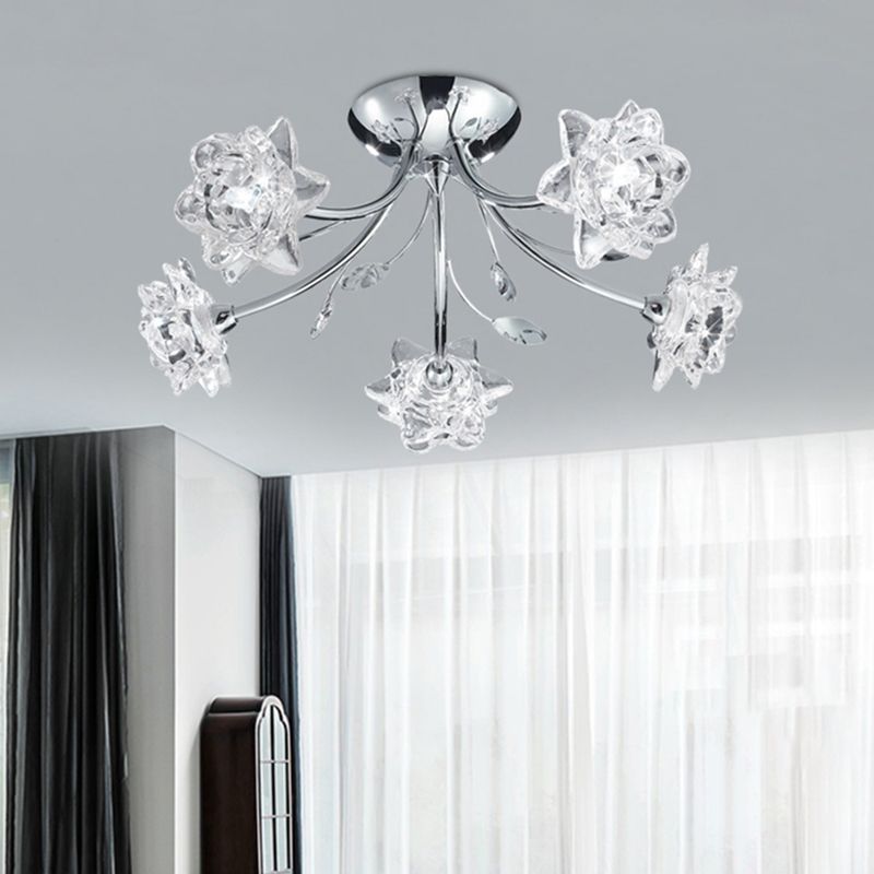 Polished Chrome 5-Head Semi Flush Modern Stylish Crystal Flower Blossom Ceiling Mount Chandelier