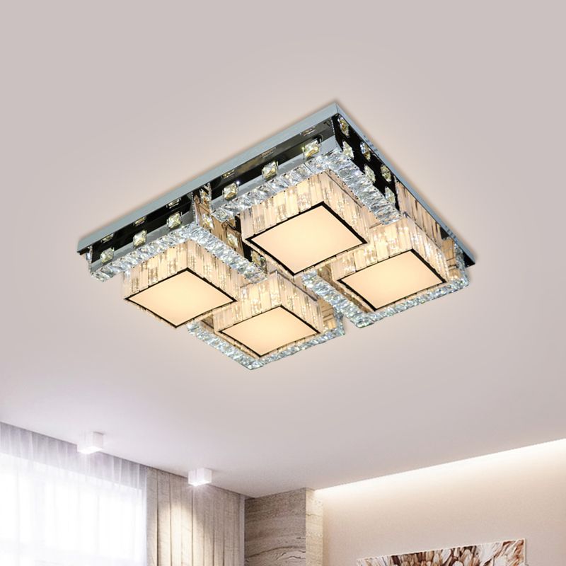 LED Ceiling Light Modern Rectangle/Square Crystal Blocks Flushmount in Stainless-Steel with White Cubic Shade, 31"/46.5" Wide