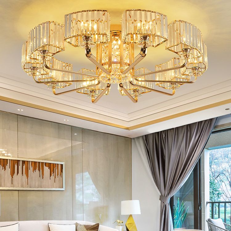 Moderne Metall-Halbblüte-Lampen-Golddecke mit Rechteckkristallschatten mehrköpfiger Kopf