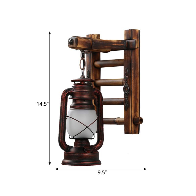 Lantern Restaurant Wall Light Factory Frosted Glass 1 Light Copper Finish Wall Lighting Fixture with Bamboo Ladder Backplate