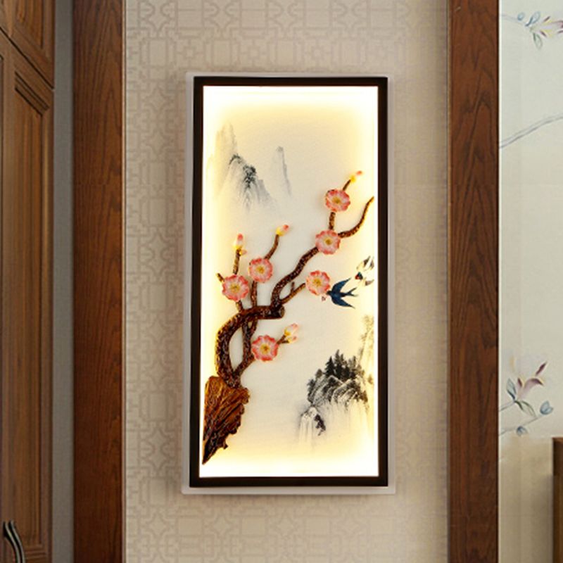 Asia Spring Blooming Plum Mural Light Ceramic Bedside Decorative LED Wall Sconce Light in Black