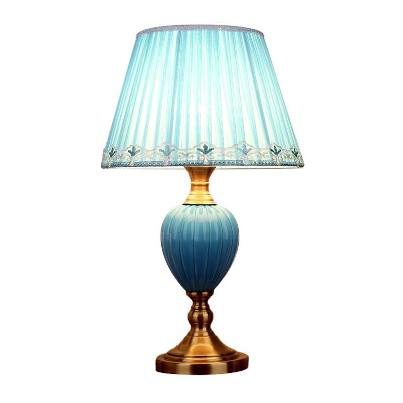 1-Light Scalloped/Tapered Night Lamp Retro Sky Blue/Light Blue Pleated/Paneled Fabric Table Lighting with Droplet Ceramic Base