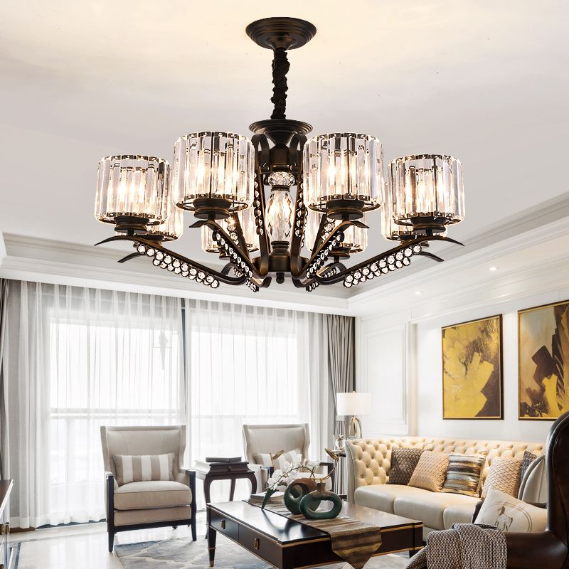 Minimalist Cylindrical Chandelier Tri-Sided Crystal Rod Hanging Light Fixture in Black