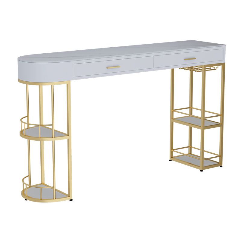White Stone Glam Indoor Bar Dining Table Iron Double Pedestal Bistro Table Fixed Table