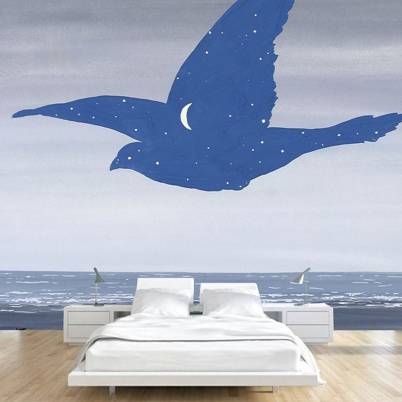 Surrealistic Sea Gull Wallpaper Murals Grey-Blue Moisture Resistant Wall Covering for Bedroom