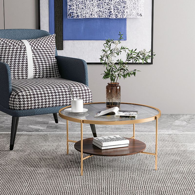 17.7" H Round Glass Top Coffee Table Steel 4 Legs Cocktail Table with Shelf