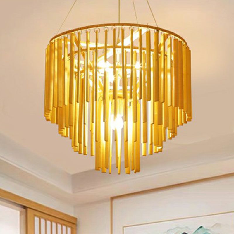 Tiered Chandelier Pendant Light Contemporary Bamboo 4 Heads Yellow Hanging Lighting for Restaurant