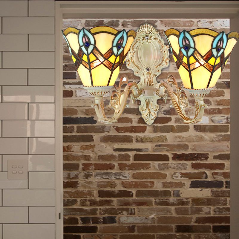 Cone Gallery Wall Light with Carved Arm Stained Glass 2 Heads Tiffany Victorian Wall Lamp in Beige