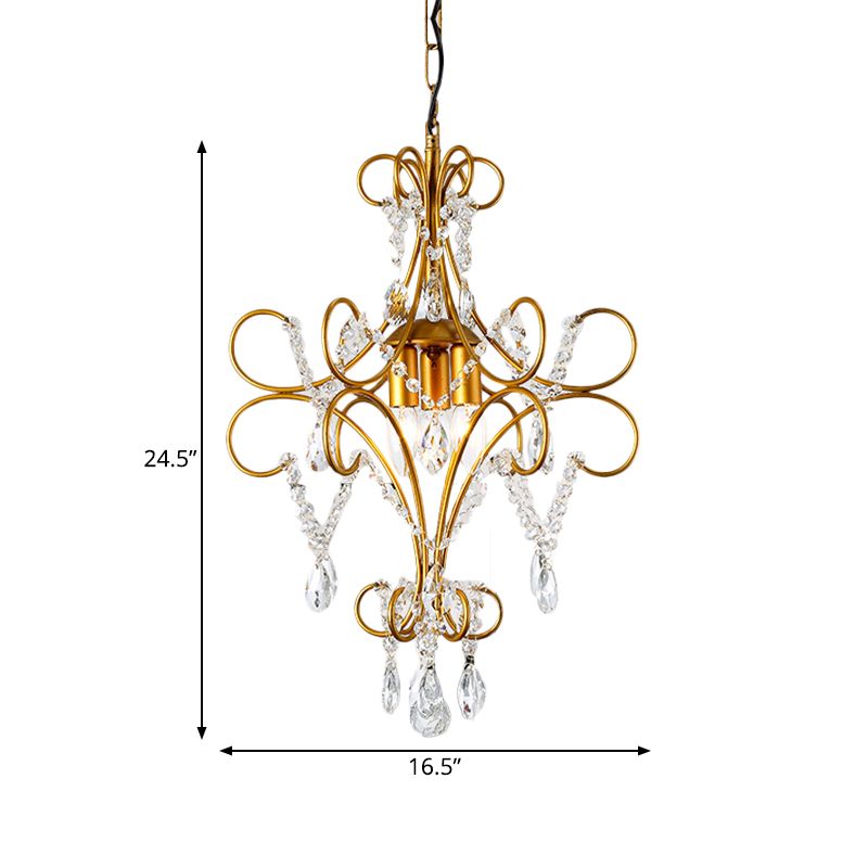 Gold Bent Arm Frame Chandelier Light Modern 3 Lights Iron Hanging Ceiling Light with Glass Strand