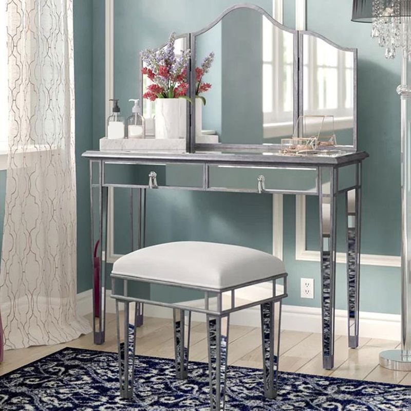 2 Drawers Mirrored Makeup Table and Stool Set Vanity for Women in Silver