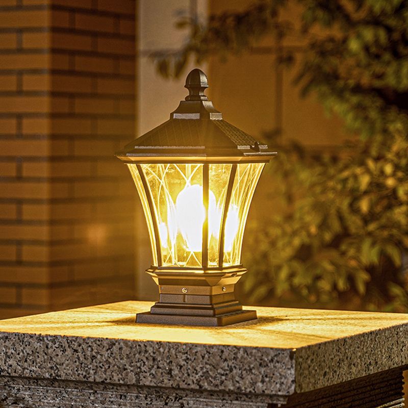 Metal Rectangular Shape Solar Pillar Lamp Modern 1-Light Outdoor Light in Black