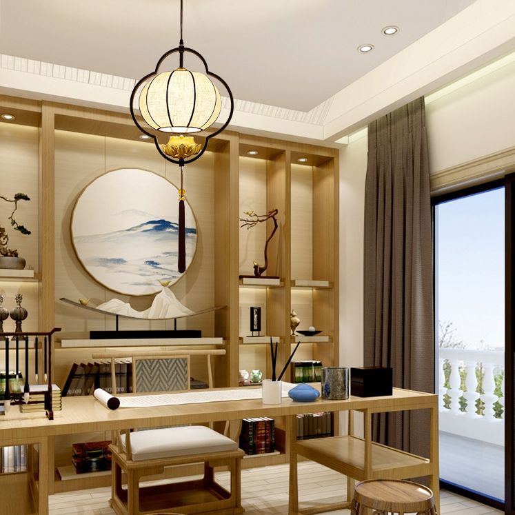 Living Room Ceiling Pendant Light Chinese Black Hanging Light Kit with Pumpkin Fabric Shade