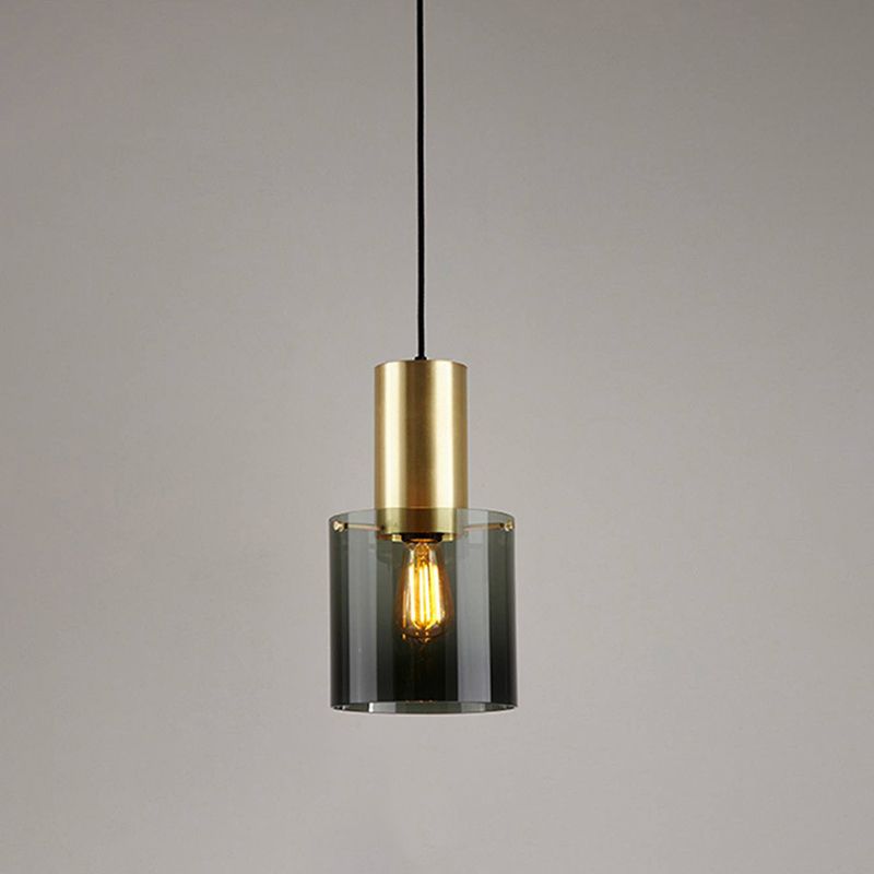 Retro Jar Smoke Grey Glass Pendant 1 Bulb Hanging Light Fixture with Brass Top over Kitchen Countertop