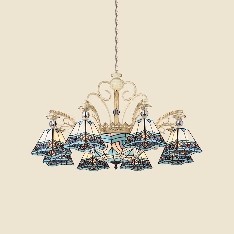 Luminaire lustre bleu en verre tachée Pyramide 11 lumières Baroque Plafon