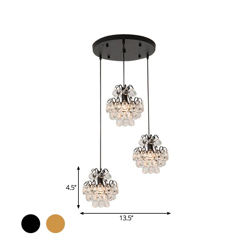 Round/Linear Canopy Dinning Hall Multi Ceiling Lamp Modern Metal 3 Bulbs Black/Gold Hanging Pendant with Clear Crystal Balls