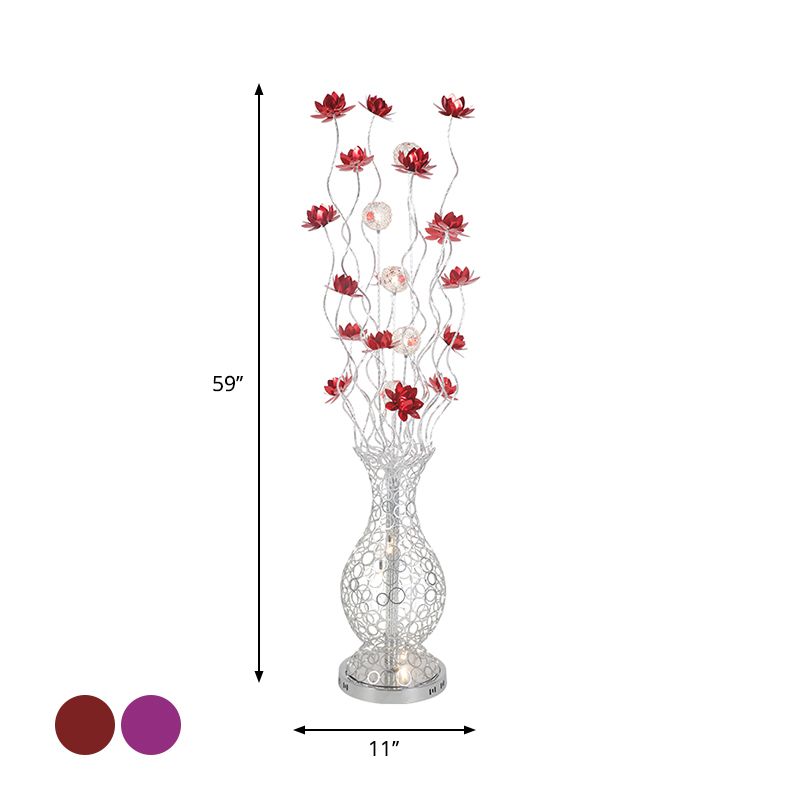 Forma de jarrón Lámpara de lectura decorativa de lectura de dormitorio LED decorativo de aluminio con flores y bola en rojo/púrpura