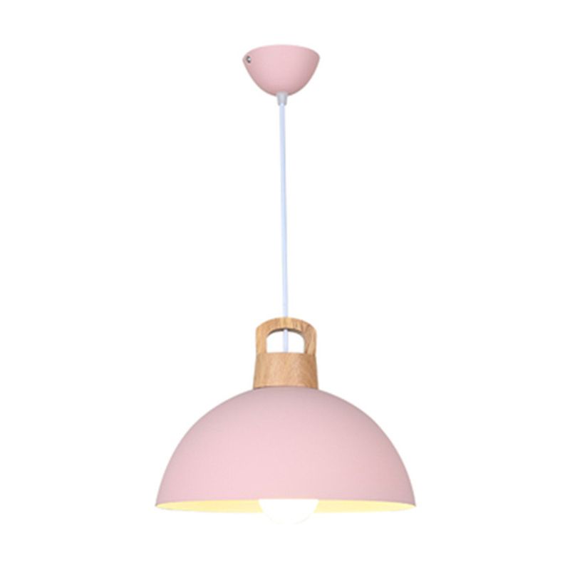 Macaron Style Domed Suspension Lamp Aluminum 1 Head Diner Pendant Light with Wooden Decor
