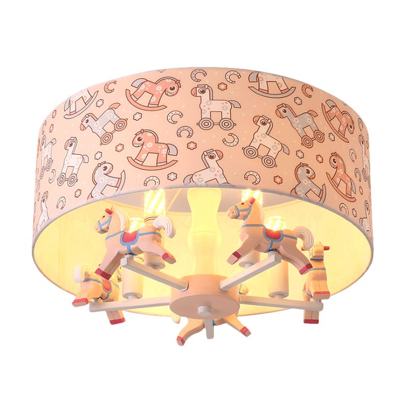 Pink Rounded Semi-Flush Mount Cartoon 5-Bulb Fabric Flush Ceiling Light with Hobbyhorse Decor