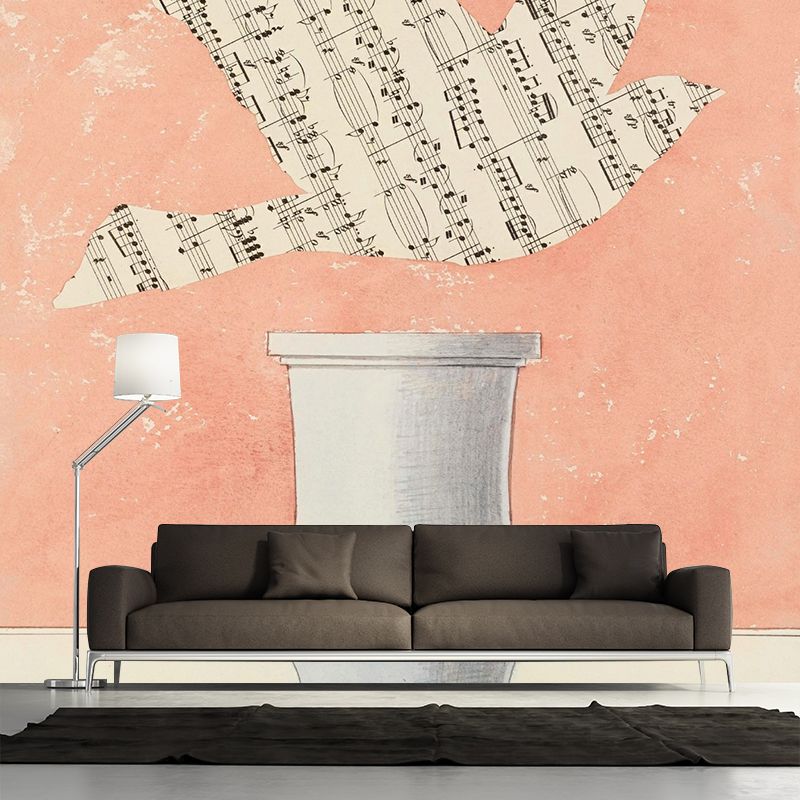 Full Size Sparrow Wall Mural Decal Surreal Enigmatic Musical Note Wall Art in Pink-Blue