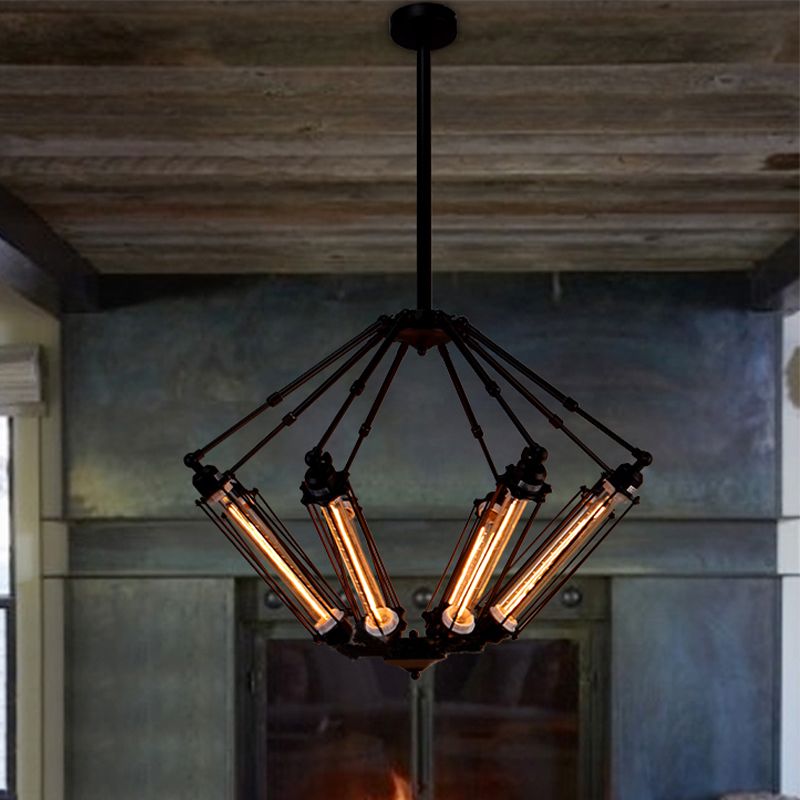 Tube Cage Metal Pendant Ceiling Lamp Industrial Style 4 Lights Indoor Chandelier Light Fixture in Black