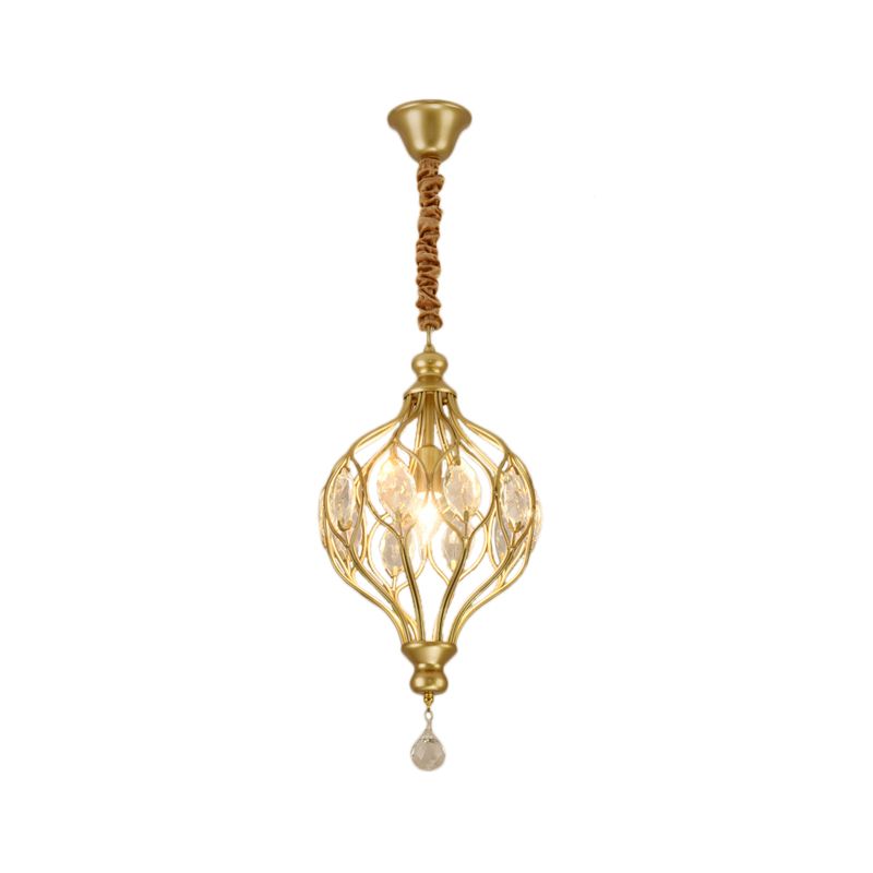Wire Cage Pendant Light Fixture Contemporary Metal 1 Light Black/Brass Pendulum Light with Crystal Accent
