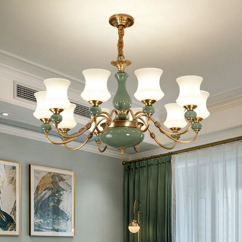 Retro Vase Up Chandelier Opal Frosted Glass Hanging Light in Emerald Green-Gold for Dining Room