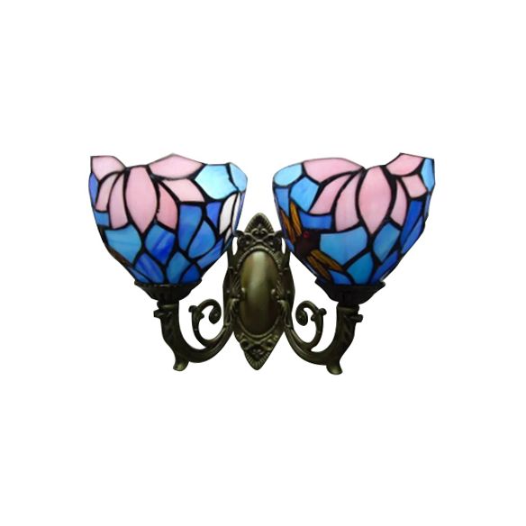 Living Room Lotus Wall Light Stained Glass 2 Bulbs Traditional Tiffany Wall Sconce in Blue and Pink