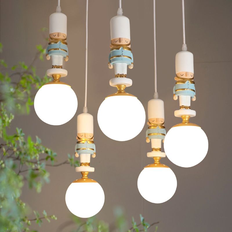 Sphere Shade Bedroom Multi Ceiling Light Cream Glass Kids Multi Light Pendant with Decorative Figurine