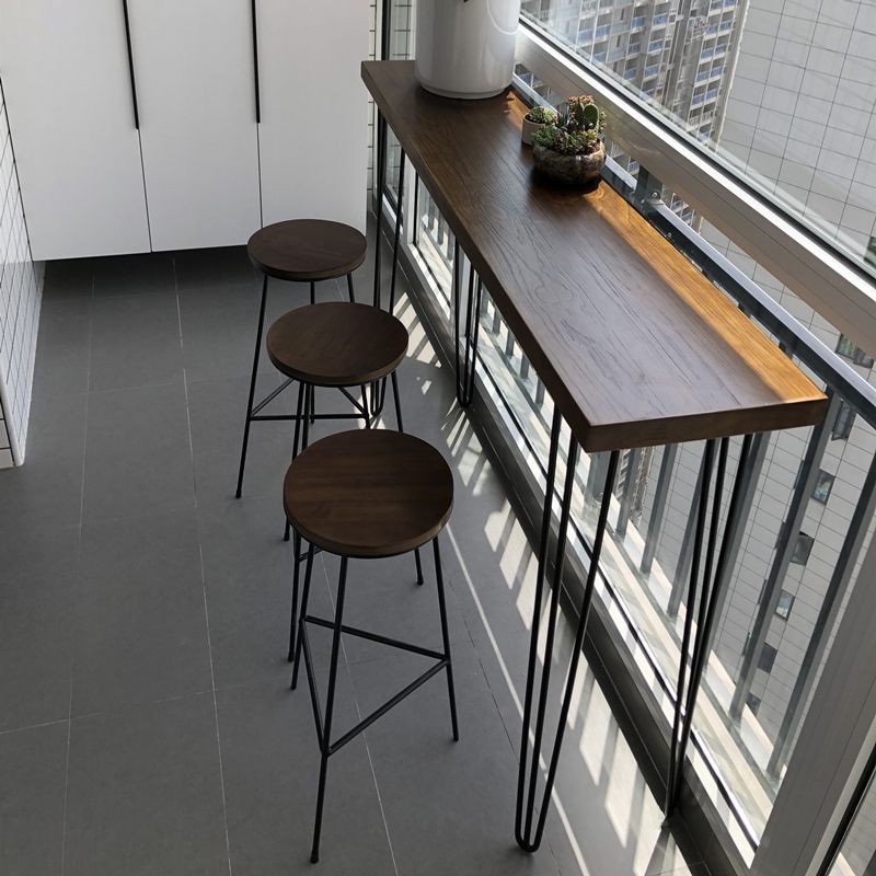 Solid Wood Brown Bar Table Black Legs and Metal Base Bar Table