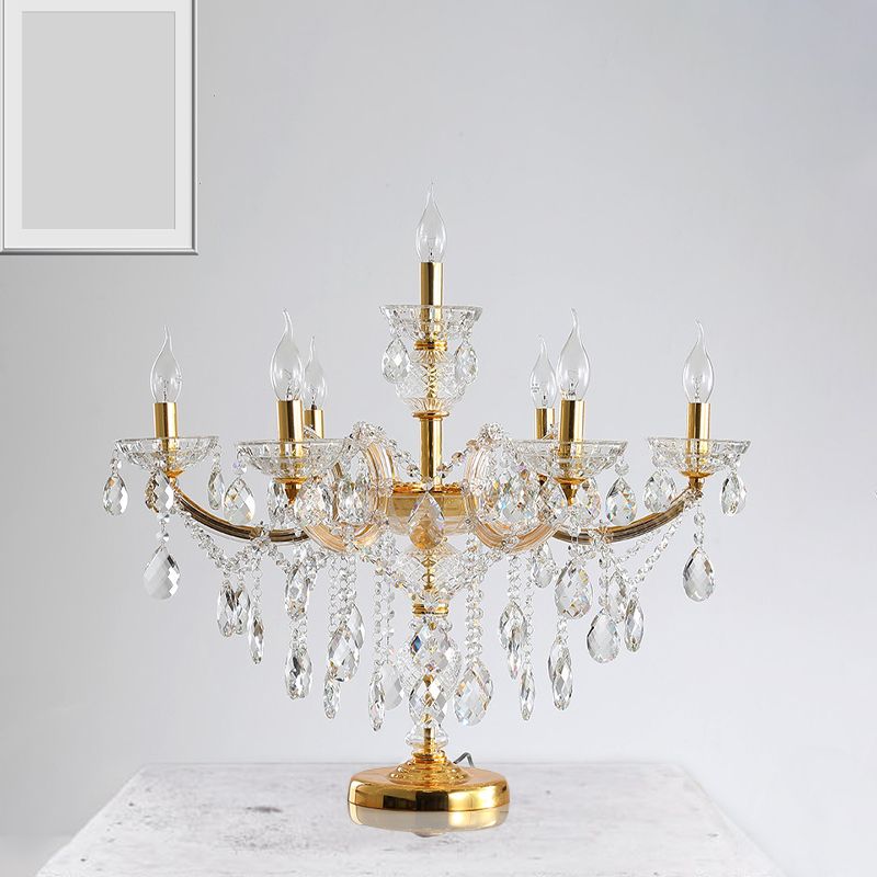 7 Bulbs Crystal Strand Night Table Lamp Traditional Gold Candelabra Bedroom Nightstand Light