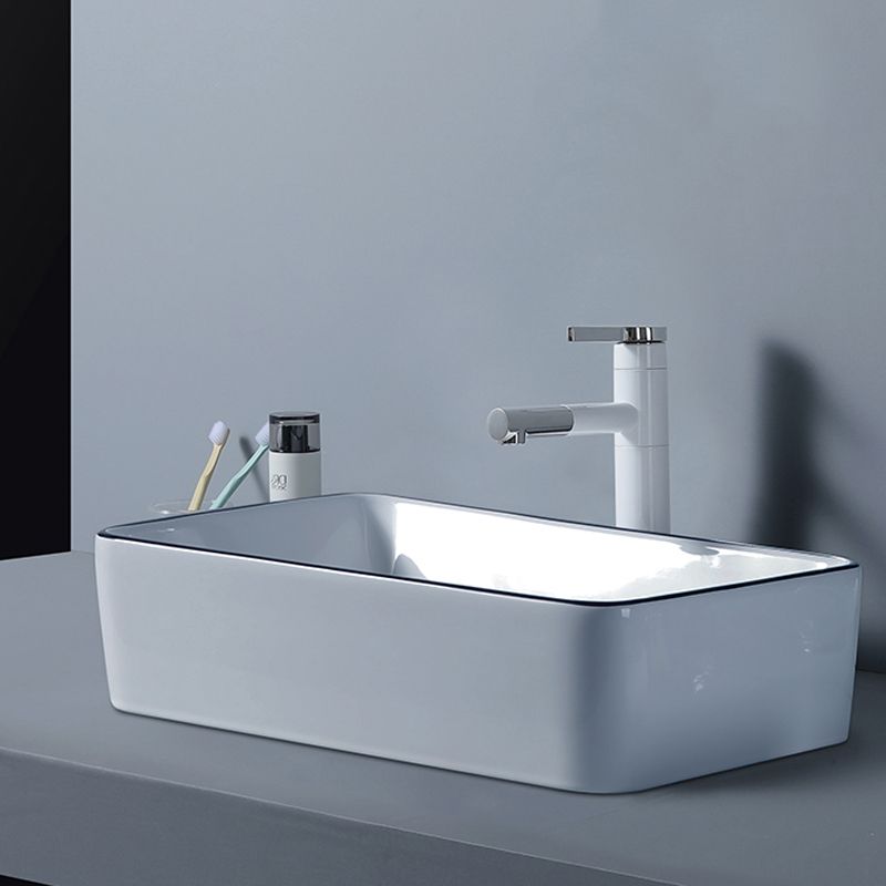 Modern Bathroom Sink with Single Faucet Hole Porcelain Rectangular Vessel Bathroom Sink