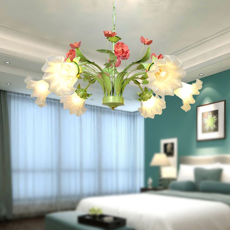 Traditional Flower Hanging Pendant 6 Heads Cream Glass Chandelier Lighting Fixture in Green for Bedroom