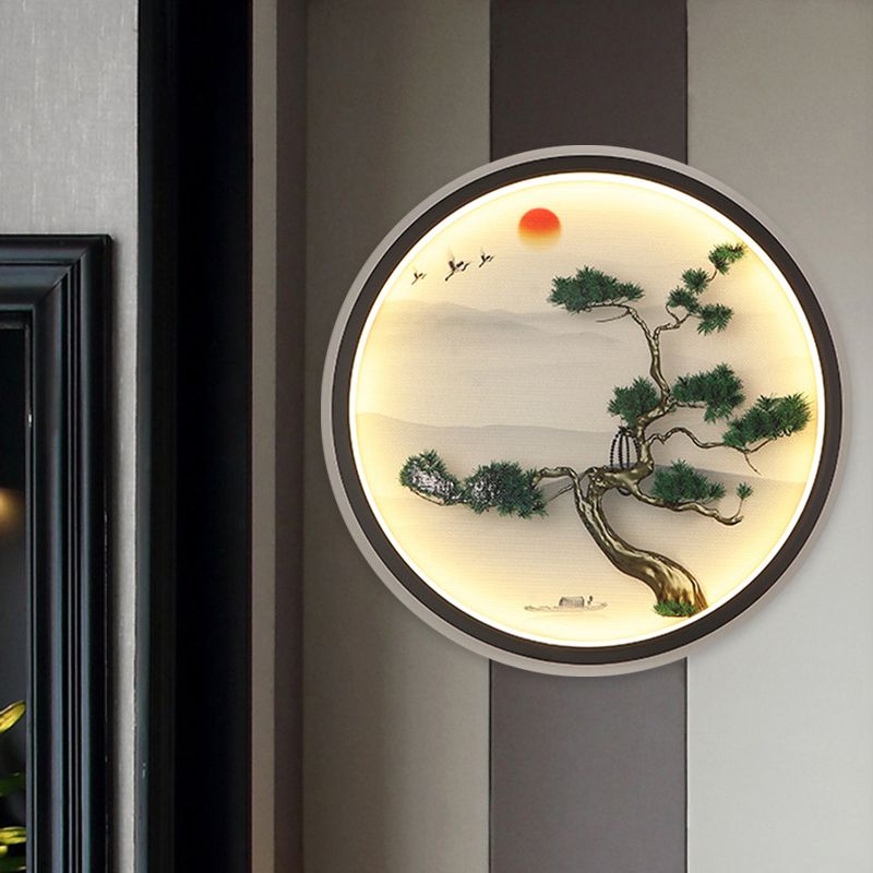 Green Pine Mural Light Fixture Asian Metal LED Wall Mounted Lamp with Black Round Frame