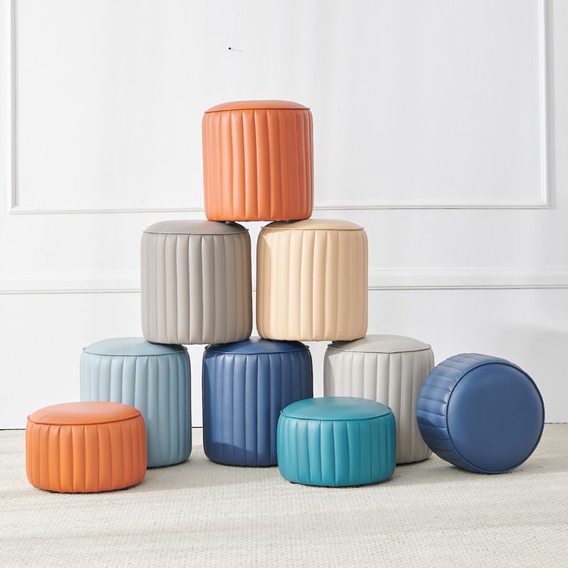 Contemporary Water Resistant Pouf Round Orange Leather Ottoman