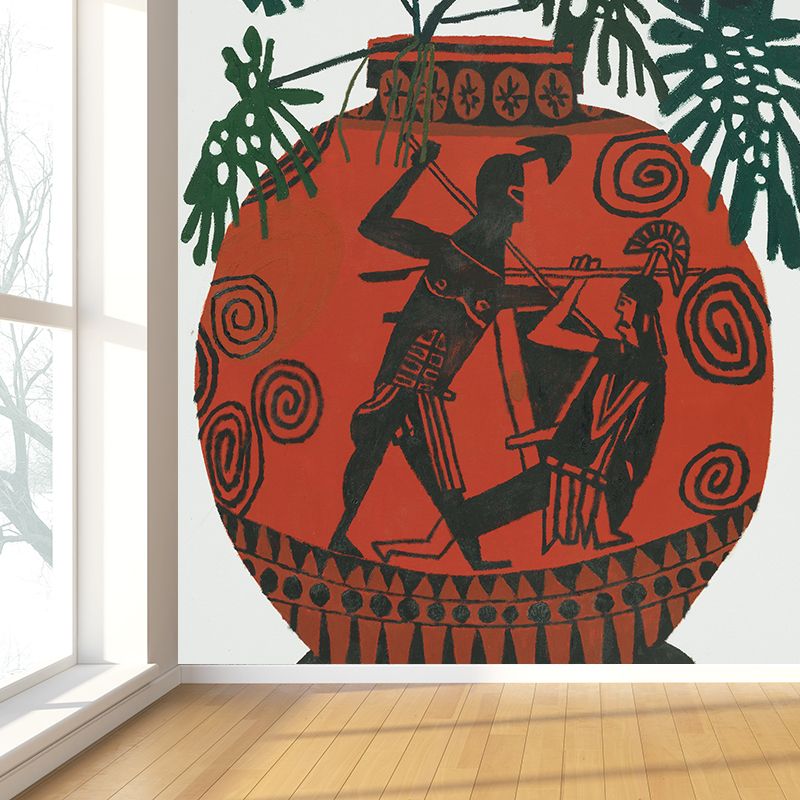 Modern Ceramic Pot Mural Decal Red Living Room Wall Covering, Custom Size Available