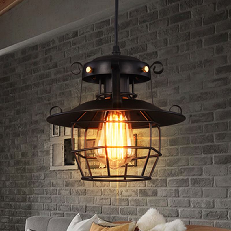 Luce a sospensione in gabbia in ferro battuto nero stile industriale a 1 lutto lampada a soffitto appesa con cavo regolabile da 39 "