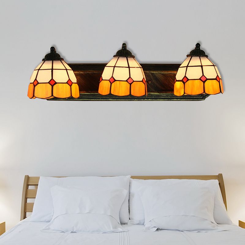 Grid Patterned Wall Mount Light Tiffany Orange and White Glass 3 Heads Bronze Sconce Light